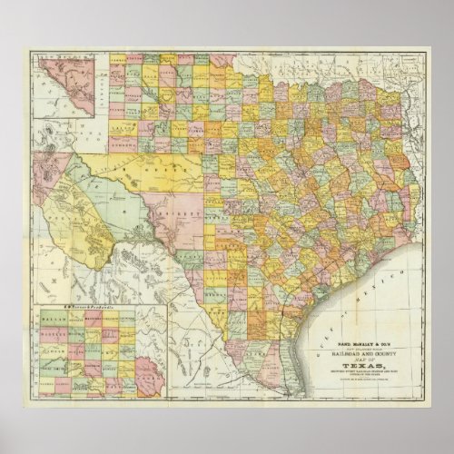 Rand McNally Railroad And County Map Of Texas Poster