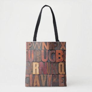 random alphabet letters - vintage letterpress wood tote bag