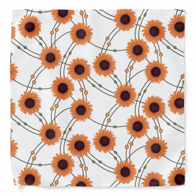 Random Art Nouveau Sunflowers Retro Floral Orange Bandana (Front)