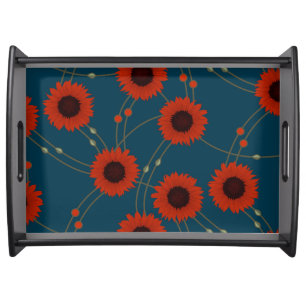 Random Art Nouveau Sunflowers Retro Floral Red Serving Tray