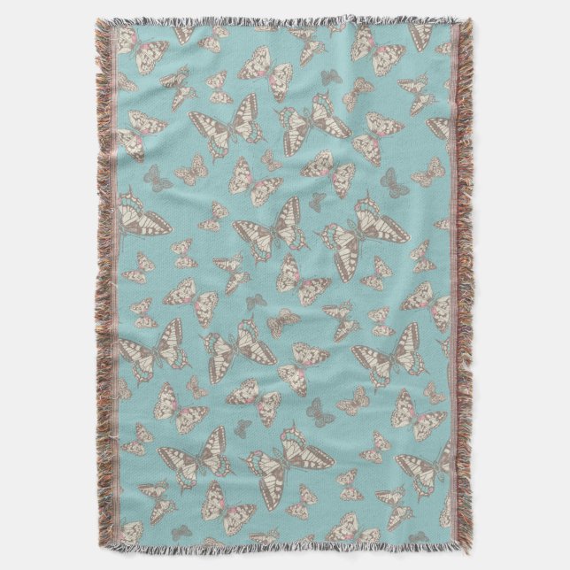 Random butterflies inked style teal pattern throw throw blanket (Front Vertical)