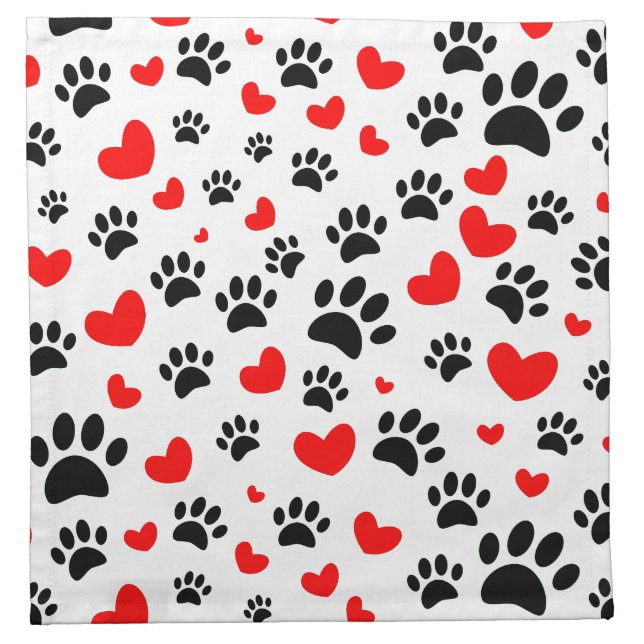 Random Cartoon Dog Paw Prints And Red Hearts Cloth Napkin (Front)