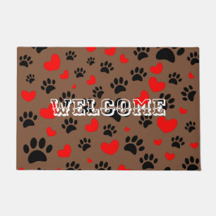 Random Cartoon Dog Paw Prints And Red Hearts Doormat