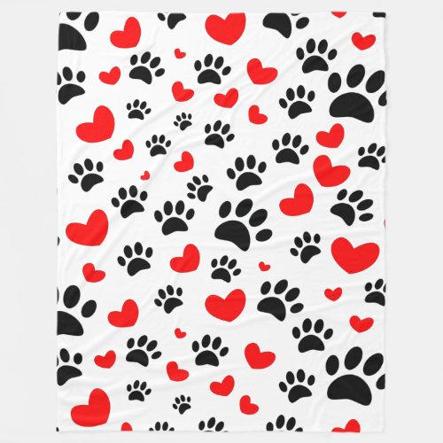 Random Cartoon Dog Paw Prints And Red Hearts Fleece Blanket