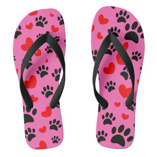 Random Cartoon Dog Paw Prints And Red Hearts Flip Flops