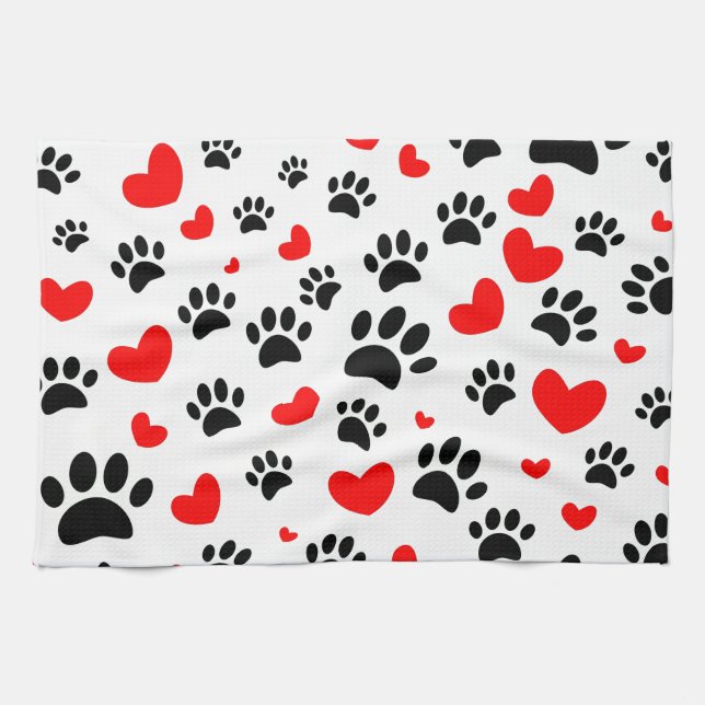 Random Cartoon Dog Paw Prints And Red Hearts Kitchen Towel (Horizontal)