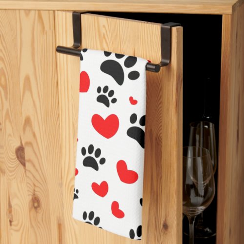 Random Cartoon Dog Paw Prints And Red Hearts Kitchen Towel