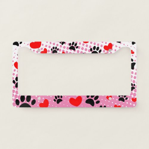 Random Cartoon Dog Paw Prints And Red Hearts License Plate Frame