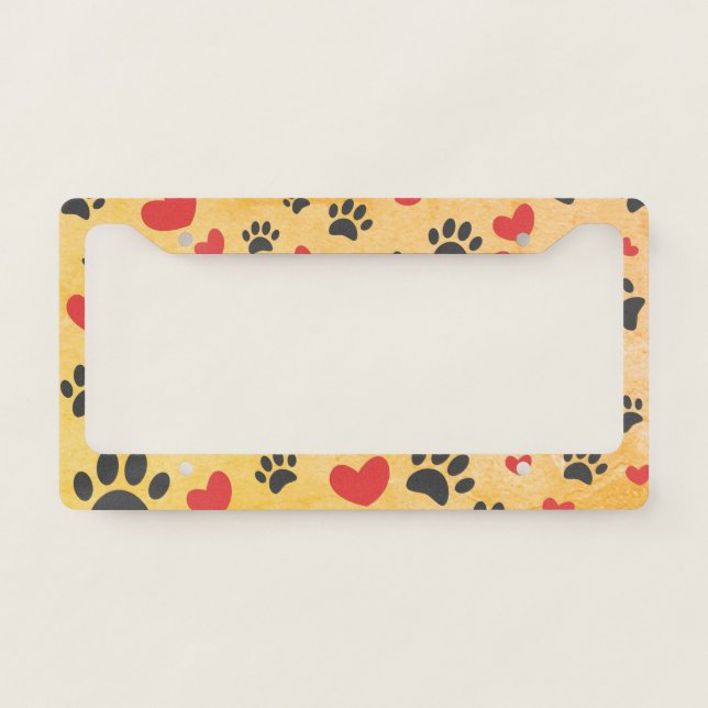 Random Cartoon Dog Paw Prints And Red Hearts License Plate Frame (Front)
