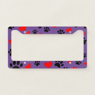 Random Cartoon Dog Paw Prints And Red Hearts License Plate Frame