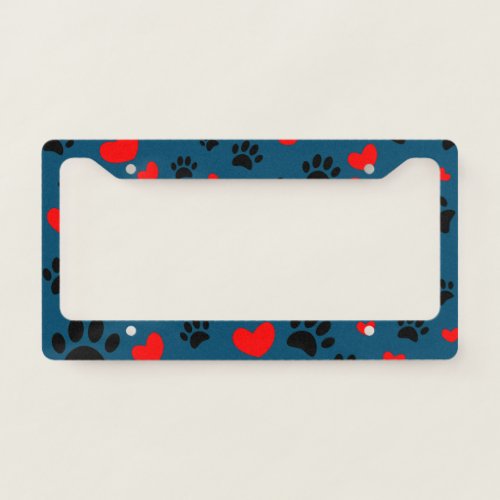 Random Cartoon Dog Paw Prints And Red Hearts License Plate Frame