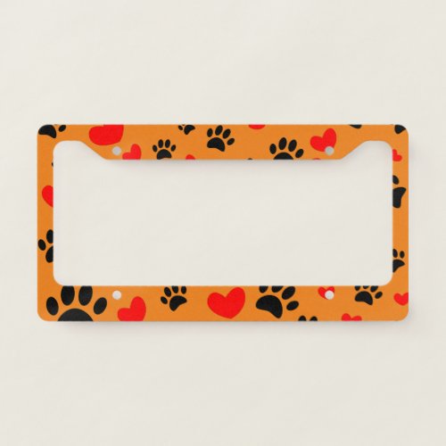 Random Cartoon Dog Paw Prints And Red Hearts License Plate Frame