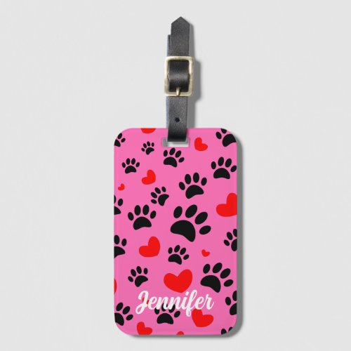 Random Cartoon Dog Paw Prints And Red Hearts Luggage Tag