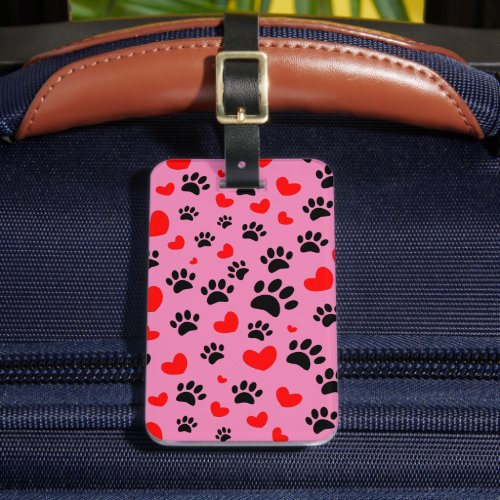 Random Cartoon Dog Paw Prints And Red Hearts Luggage Tag