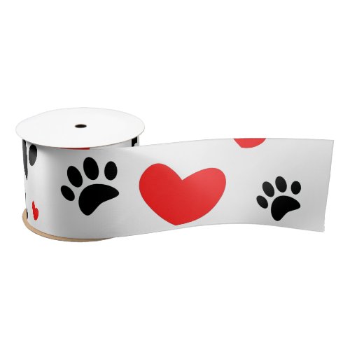 Random Cartoon Dog Paw Prints And Red Hearts Satin Ribbon