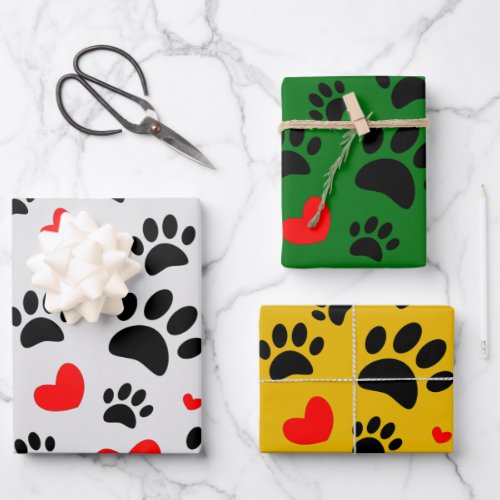 Random Cartoon Dog Paw Prints And Red Hearts Wrapping Paper Sheets