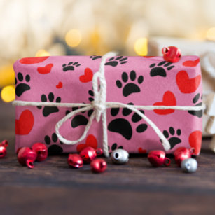 Random Cartoon Dog Paw Prints And Red Hearts Wrapping Paper Sheets