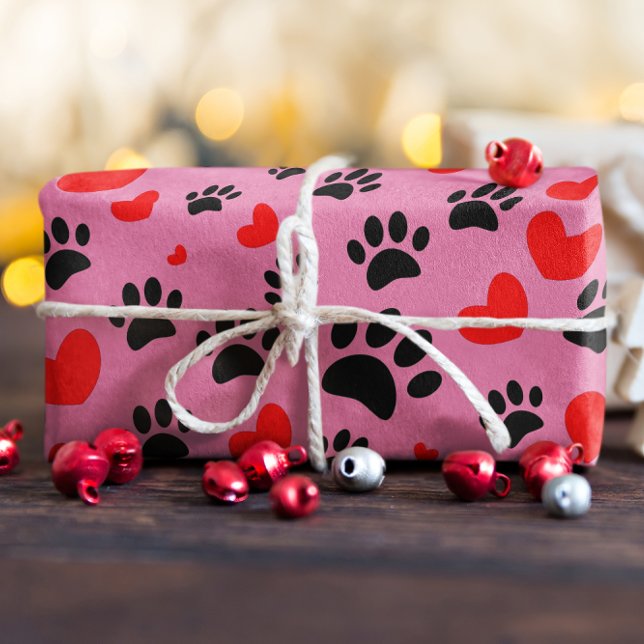 Random Cartoon Dog Paw Prints And Red Hearts Wrapping Paper Sheets (Creator Uploaded)