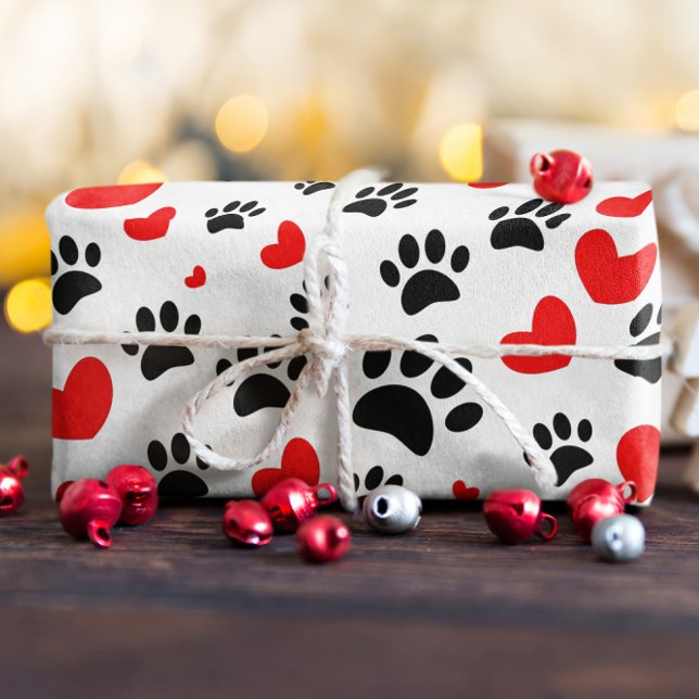 Random Cartoon Dog Paw Prints And Red Hearts Wrapping Paper Sheets (Creator Uploaded)