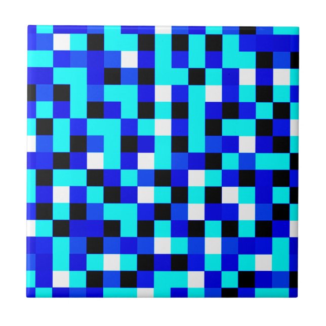 Random Checkered Pixel Art - Blue & White Ceramic Tile (Front)