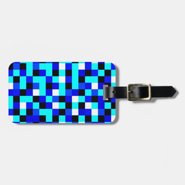 Random Checkered Pixel Art - Blue & White Luggage Tag (Front Horizontal)