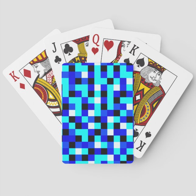 Random Checkered Pixel Art - Blue & White Poker Cards (Back)