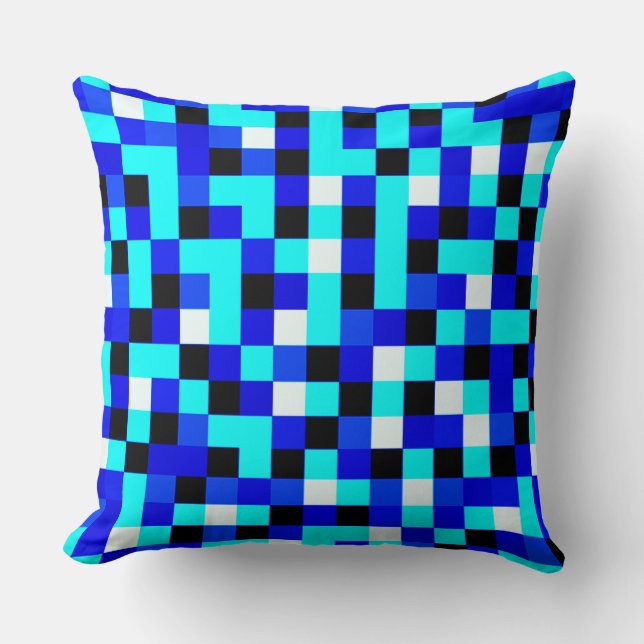 Random Checkered Pixel Art - Blue & White Throw Pillow (Front)