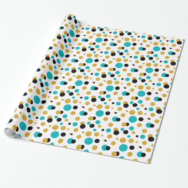 Random Circles Pattern Black Blue & Gold Glitter Wrapping Paper (Unrolled)