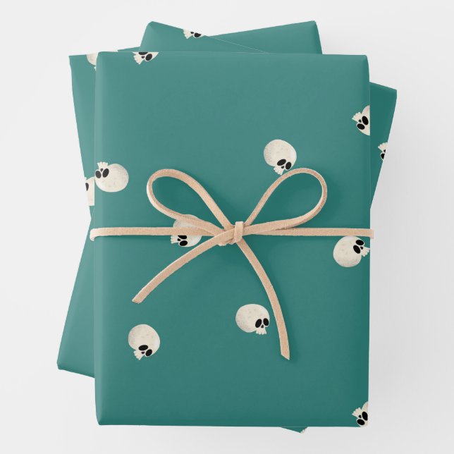 Random Cute Kawaii Skull Dots mid green Wrapping Paper Sheets (In situ)