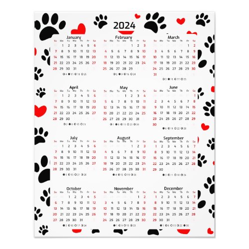 Random Dog Paw Prints And Red Hearts 2024 Calendar
