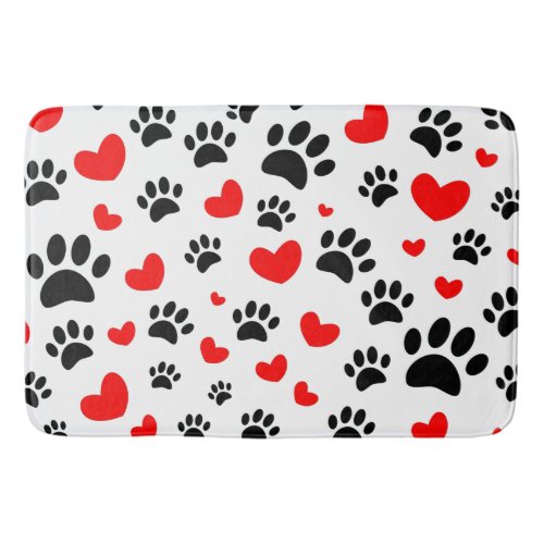 Random Dog Paw Prints And Red Hearts Bath Mat