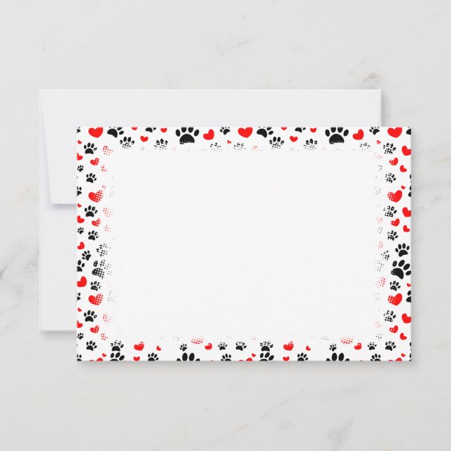 Random Dog Paw Prints And Red Hearts Blank Note Card (Front)