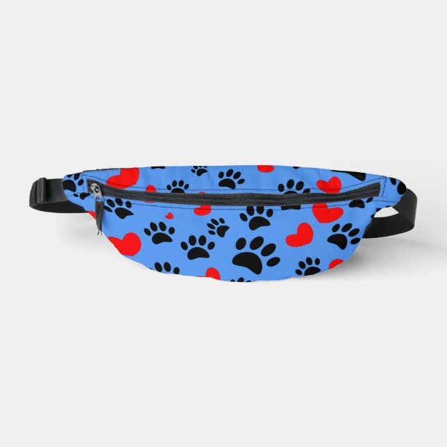 Random Dog Paw Prints And Red Hearts Blue Fanny Pack (Front)