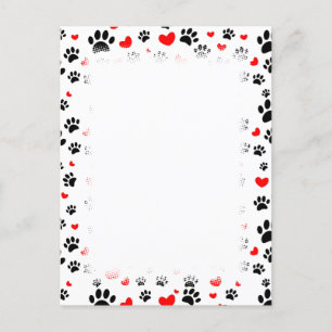 Random Dog Paw Prints And Red Hearts Border Invitation Postcard