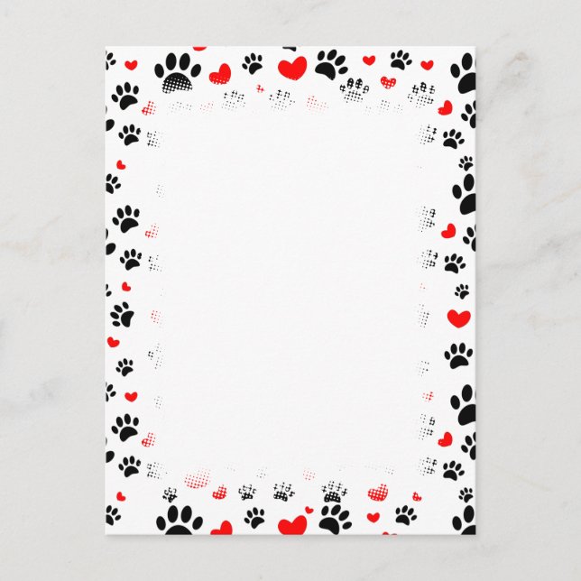 Random Dog Paw Prints And Red Hearts Border Invitation Postcard (Front)