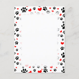 Random Dog Paw Prints And Red Hearts Border Postcard