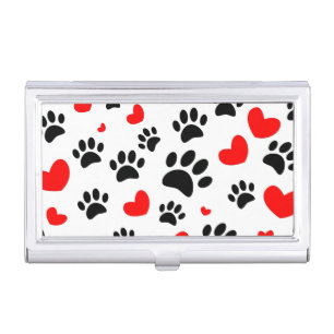 Random Dog Paw Prints And Red Hearts Business Card Case