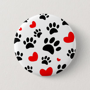 Random Dog Paw Prints And Red Hearts Button
