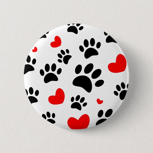 Random Dog Paw Prints And Red Hearts Button (Front)