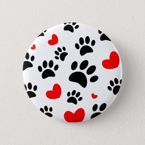Random Dog Paw Prints And Red Hearts Button