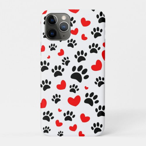Random Dog Paw Prints And Red Hearts iPhone 11 Pro Case