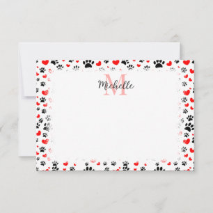 Random Dog Paw Prints And Red Hearts Custom Note Card