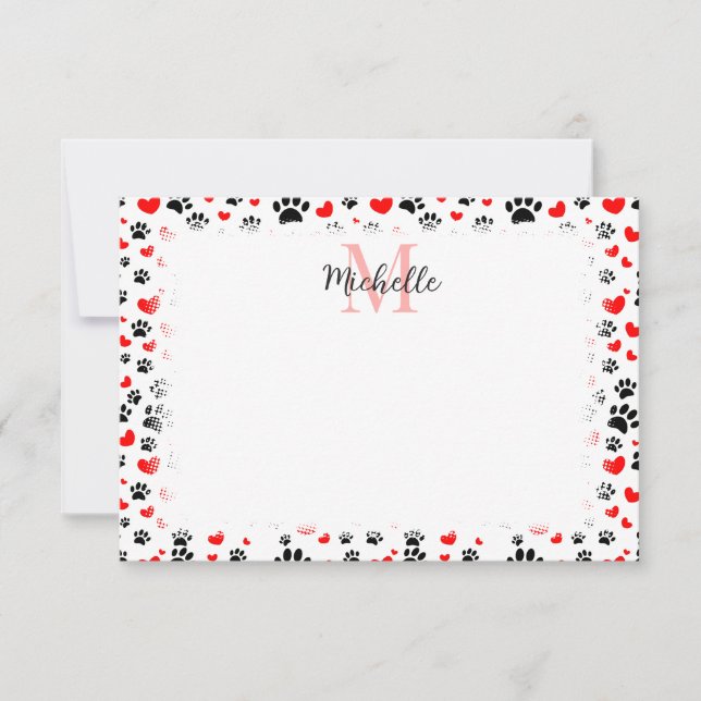 Random Dog Paw Prints And Red Hearts Custom Note Card (Front)