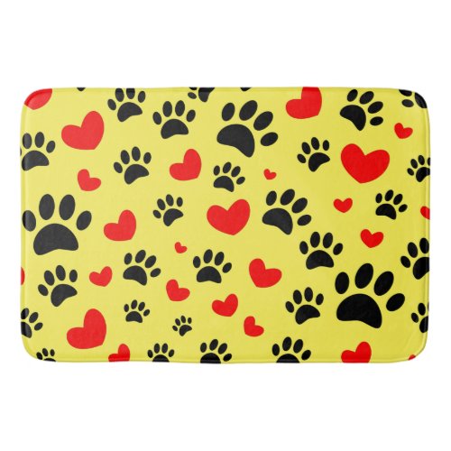 Random Dog Paw Prints And Red Hearts Custom Yellow Bath Mat