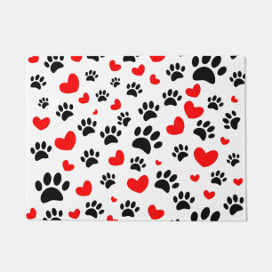 Random Dog Paw Prints And Red Hearts Doormat