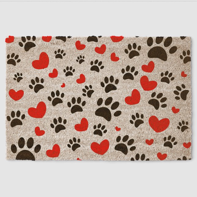Random Dog Paw Prints And Red Hearts Fiber Doormat (Front)