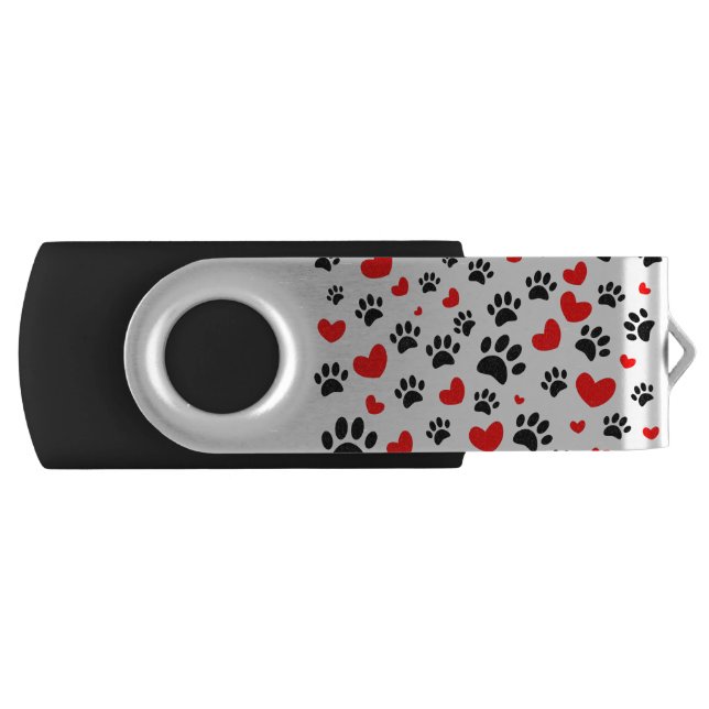 Random Dog Paw Prints And Red Hearts Flash Drive (Front)
