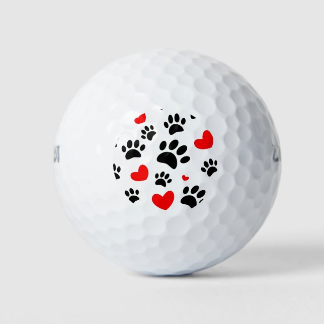 Random Dog Paw Prints And Red Hearts Golf Balls (Front)