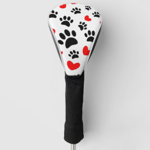 Random Dog Paw Prints And Red Hearts Golf Head Cover