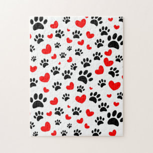Random Dog Paw Prints And Red Hearts Jigsaw Puzzle